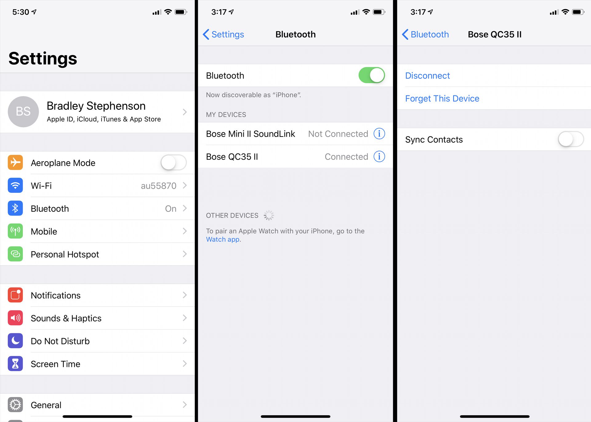 Настройки устройства Bluetooth iOS.
